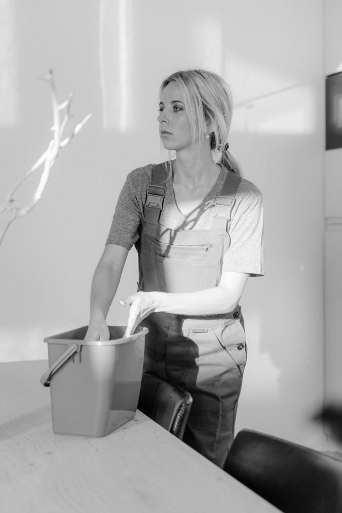 A black and white photo of a woman in overalls with a cleaning bucket, conveying a working theme.